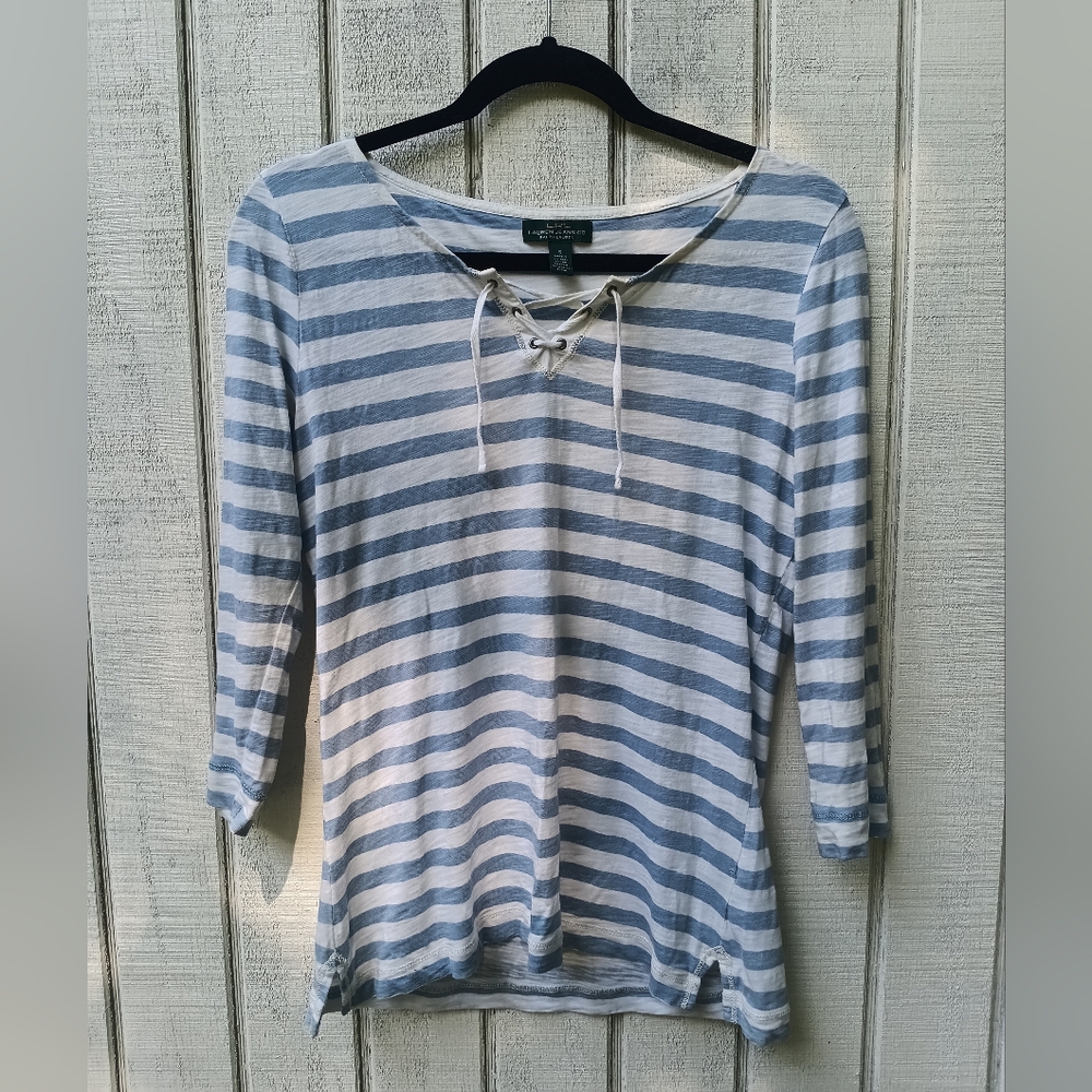 LRL Women's Blue and White Striped Long Sleeve Tee Shirt in Casual Fit